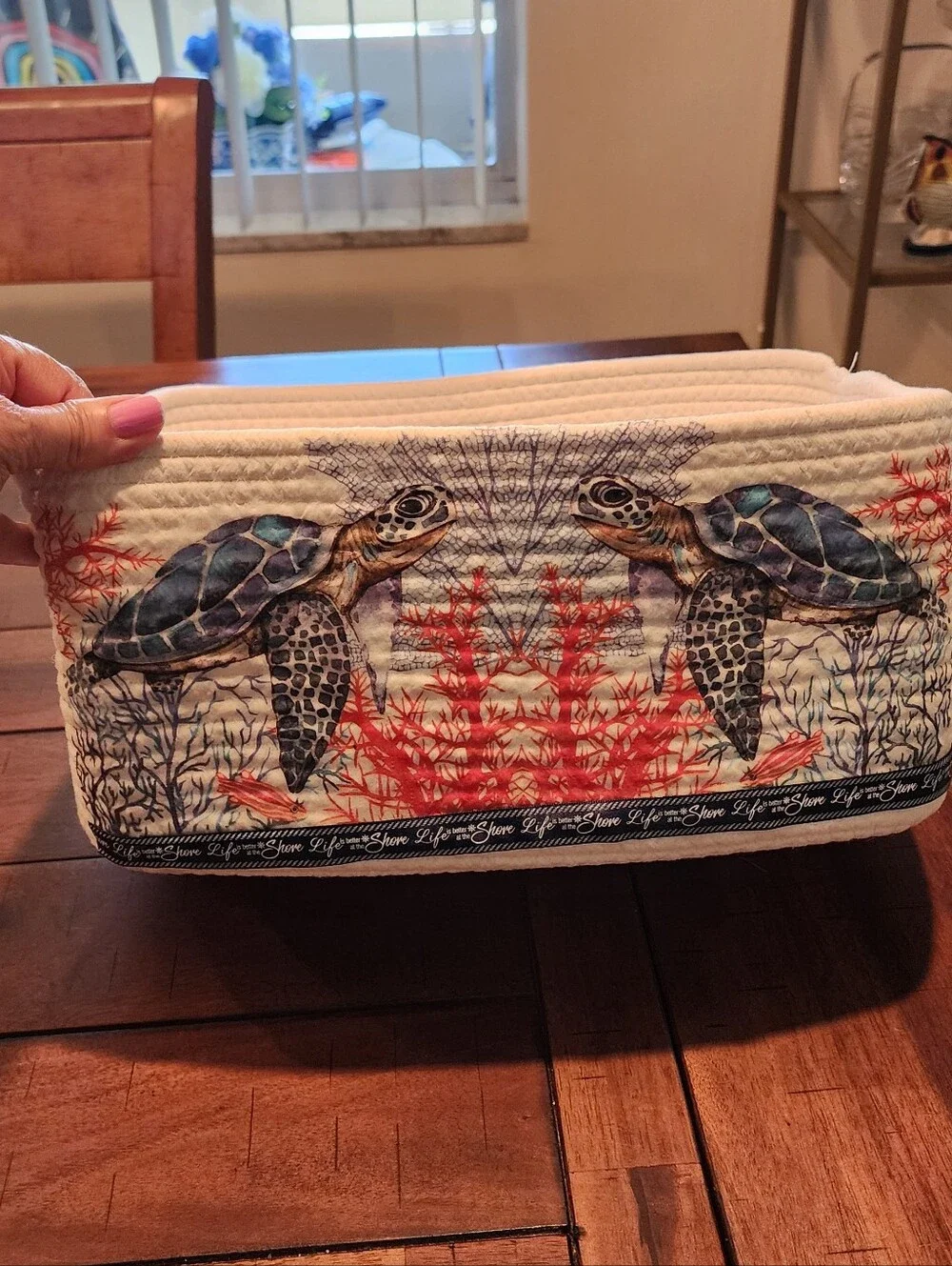 handmade rope basket with nautical print sea turtles with handles10x12x6